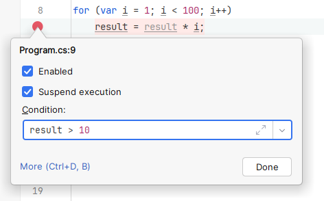 JetBrains Rider: conditional breakpoints JetBrains Rider: conditional breakpoints