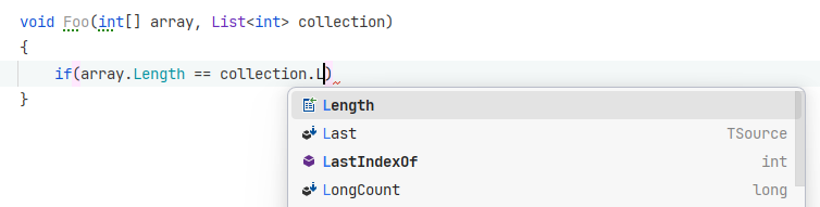 Completing mistyped Length property for a collection