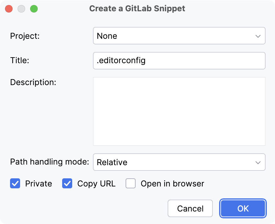 一个包含创建 GitLab snippet 选项列表的对话框