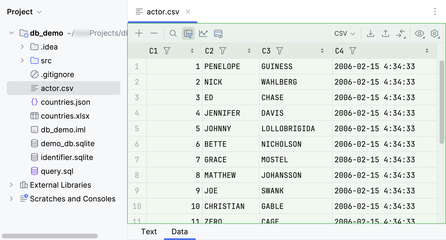 Data editor tab in a delimiter-separated values file editor Data editor tab in a delimiter-separated values file editor