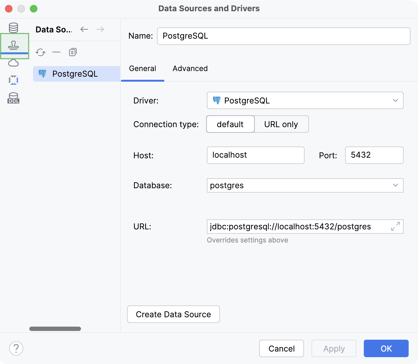 Data Source Templates tab in the Data Source and Drivers dialog