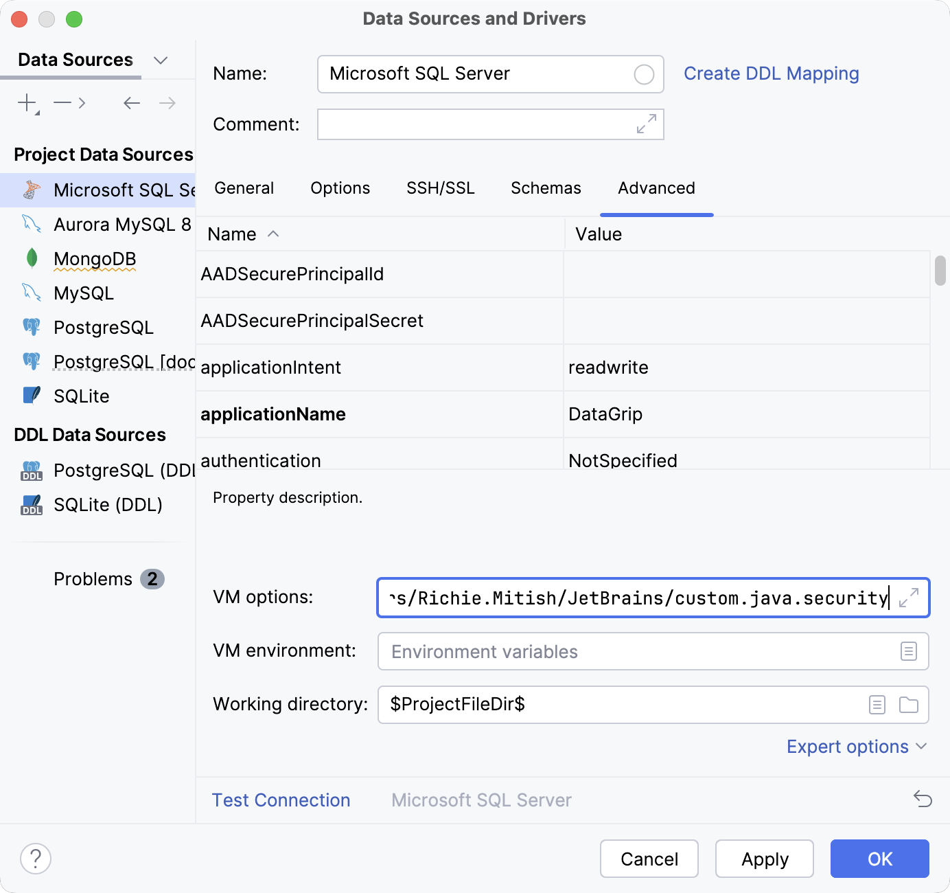 Path to the custom.java.security file in the Snowflake data source settings Path to the custom.java.security file in the Snowflake data source settings