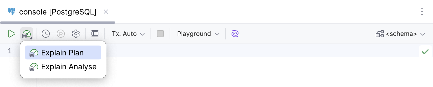 代码编辑器工具栏上的"解释计划"下拉菜单。 代码编辑器工具栏上的"解释计划"下拉菜单。