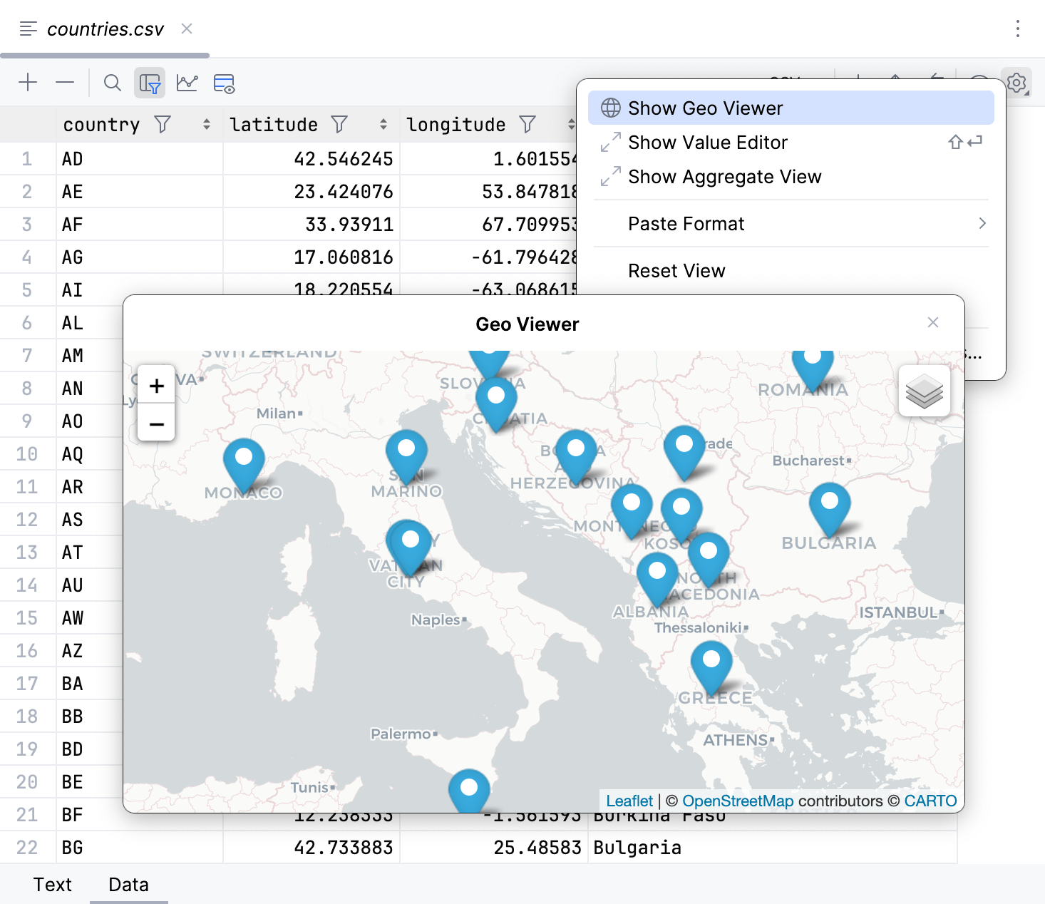 Geographical data from a tabular data file in Geo viewer Geographical data from a tabular data file in Geo viewer