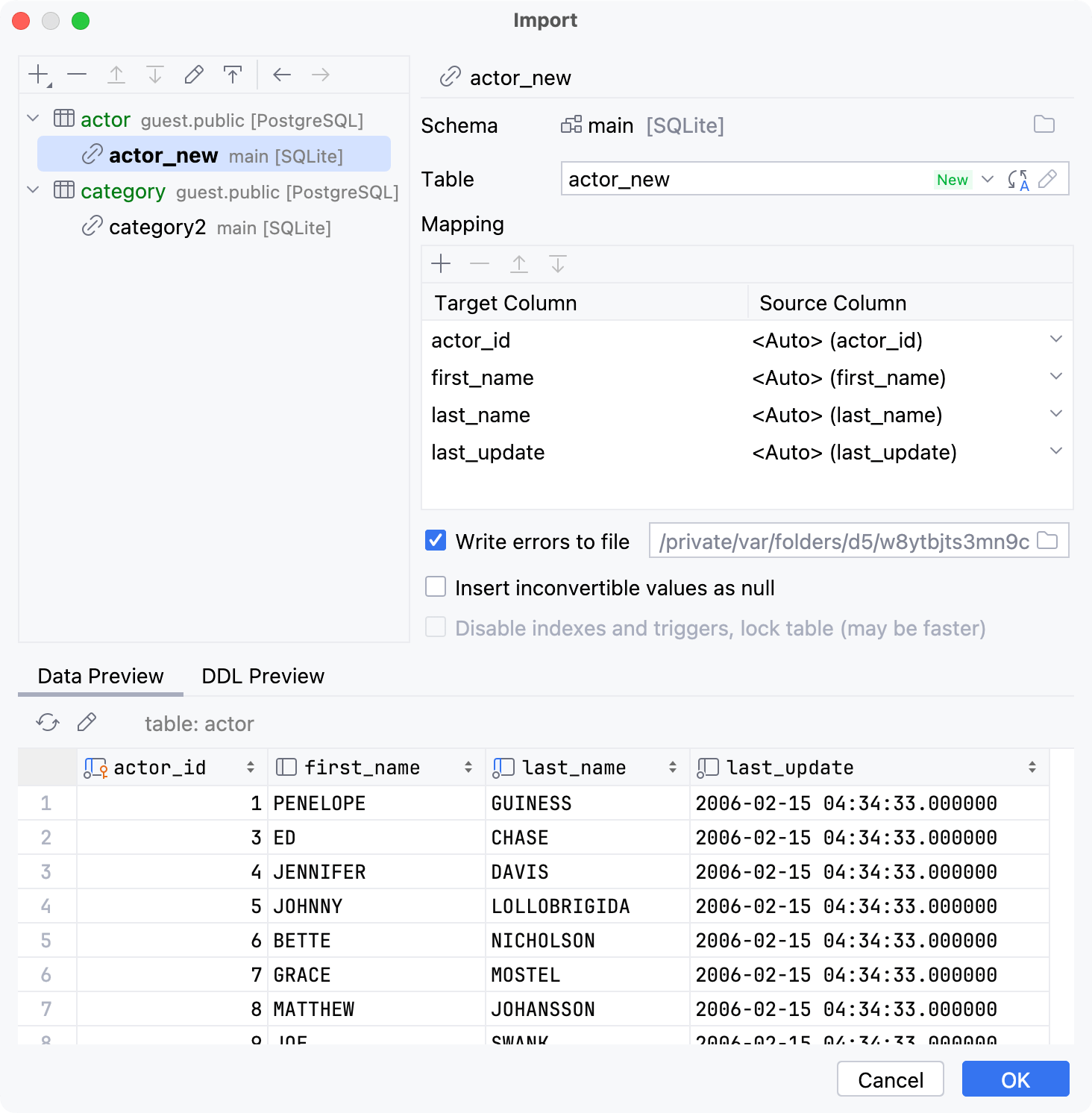 Import tables: mapping settings Import tables: mapping settings