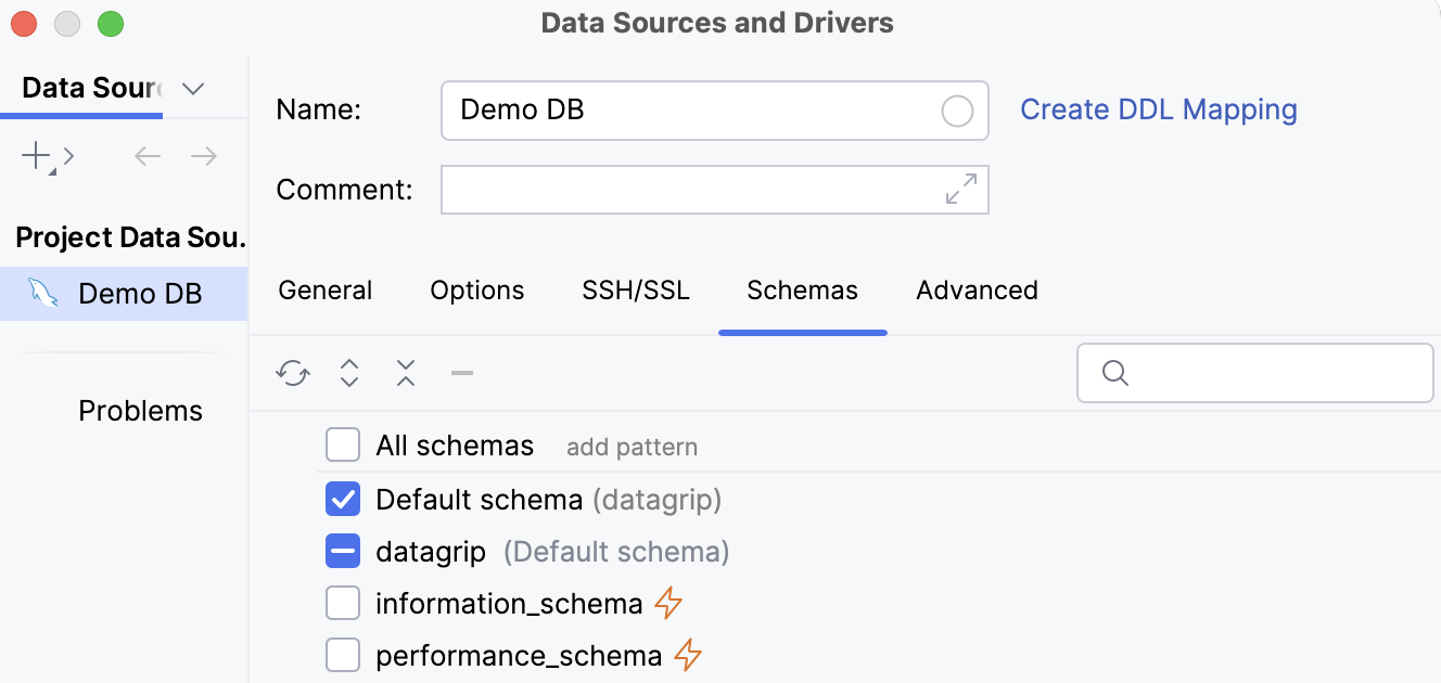 Selecting schemas to display in the Data Source and Drivers dialog