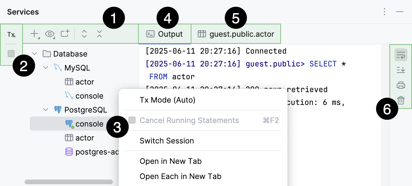 Database services in the Services tool window Database services in the Services tool window