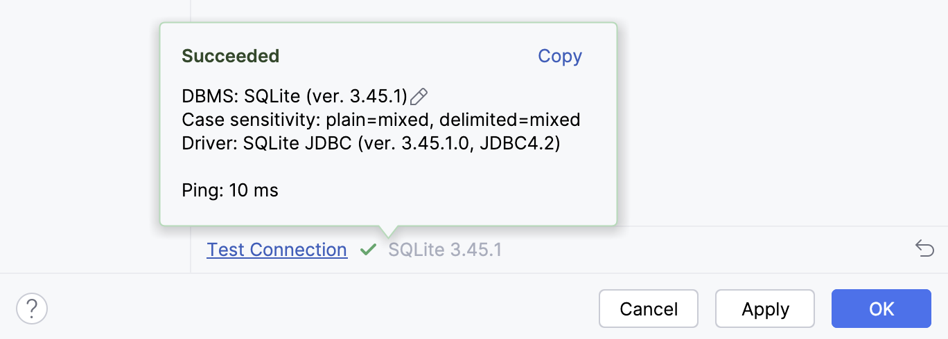 Successful connection to the database