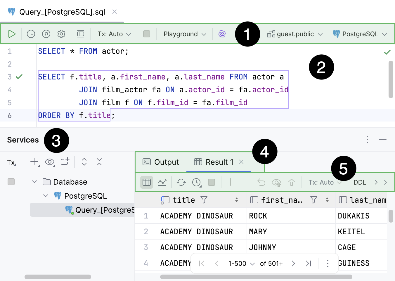 Query console with an active Result tab of Services tool window
