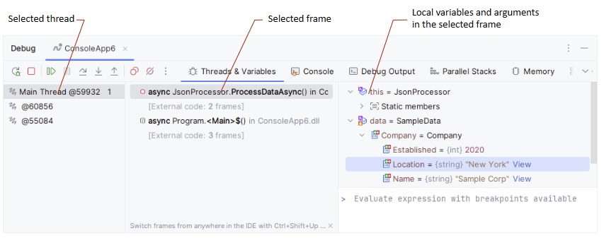 JetBrains&nbsp;Rider: Debug frames pane
