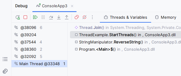 JetBrains&nbsp;Rider: selecting a thread in the Debug window