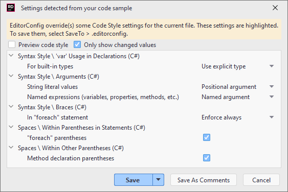 JetBrains Rider: Using formatting rules from existing code JetBrains Rider: Using formatting rules from existing code