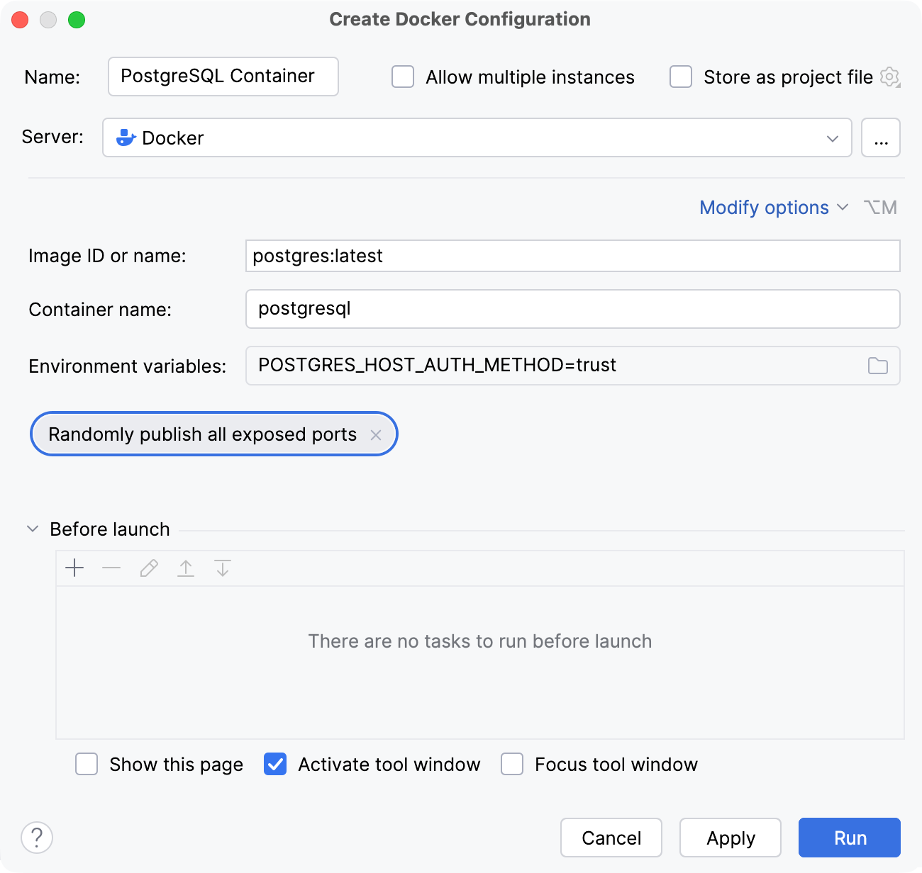 创建 Docker 配置对话框