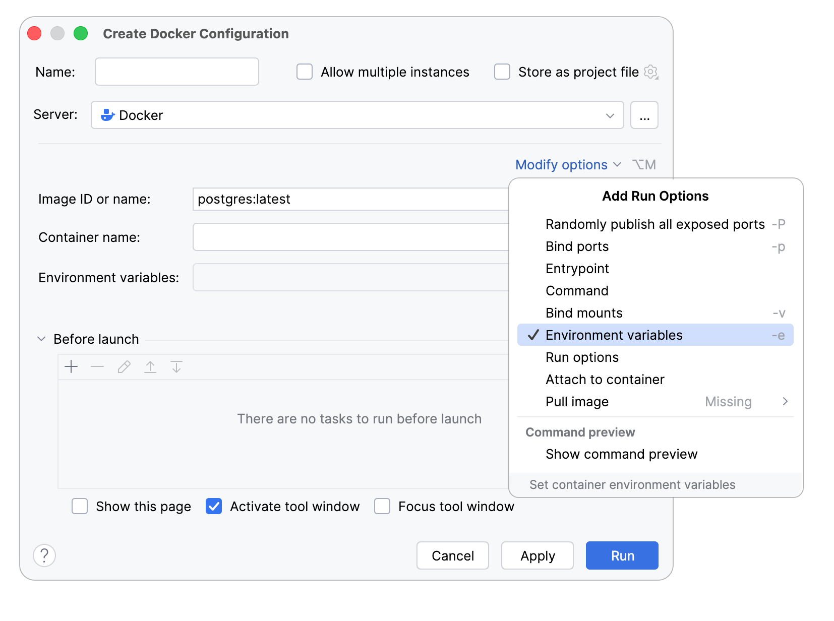 Docker postgresql modify options