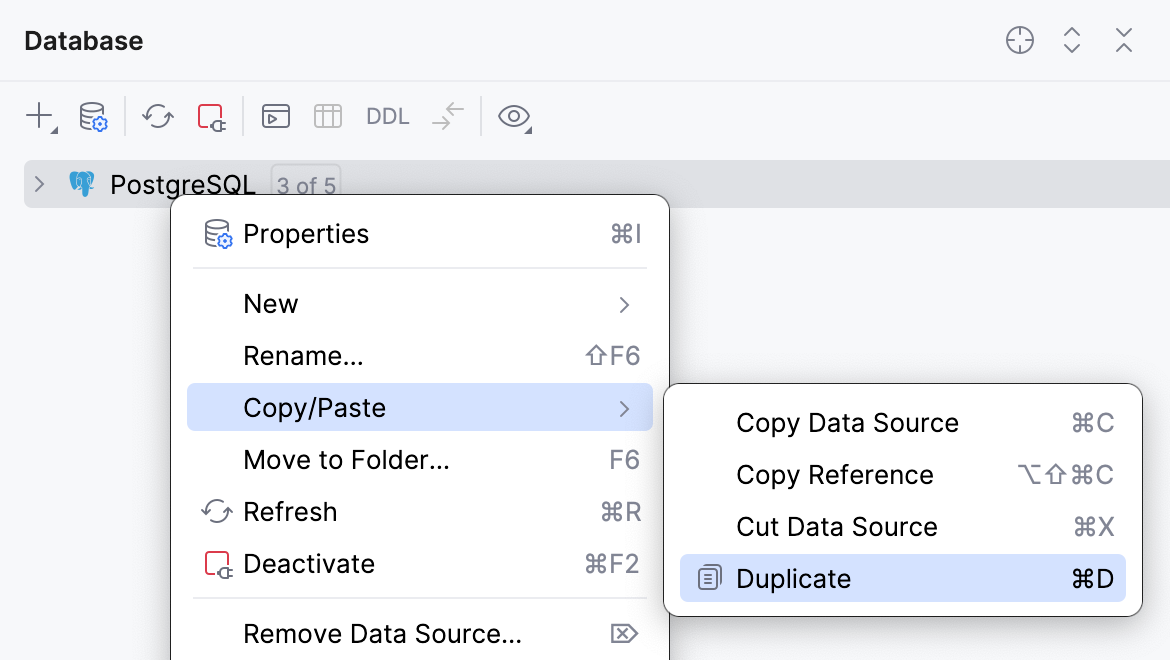Duplicate your data source in Database tool window