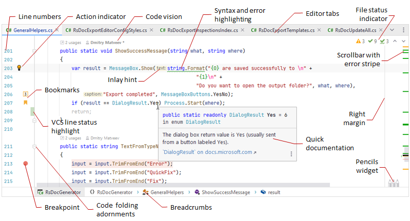 JetBrains&nbsp;Rider: visual elements of the editor