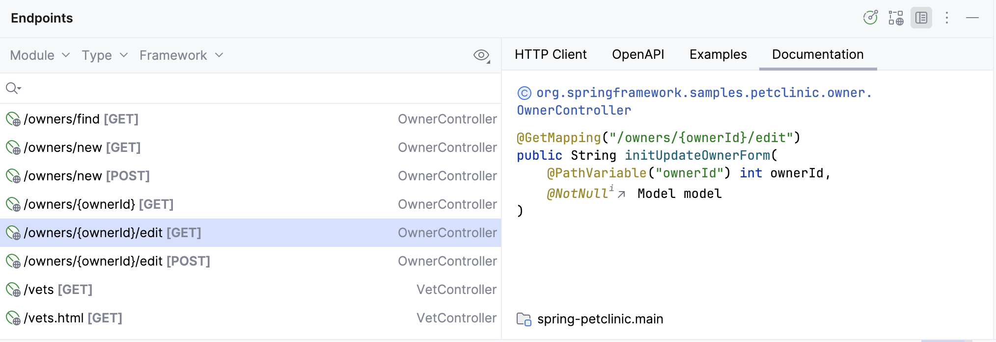 Endpoints tool window: Documentation tab Endpoints tool window: Documentation tab