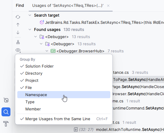 JetBrains&nbsp;Rider: Grouping search results