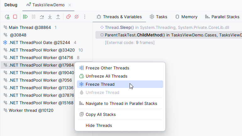 JetBrains&nbsp;Rider: Freeze thread