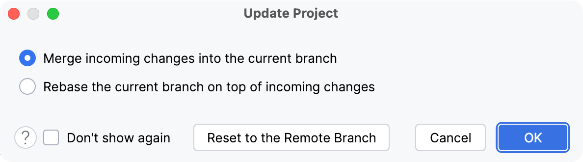 The Update project dialog opens