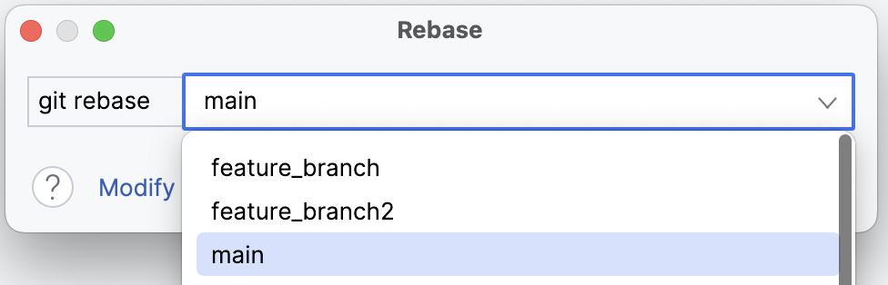 Choose target branch in the Git rebase dialog Choose target branch in the Git rebase dialog