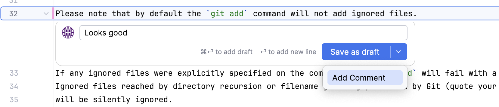 Comment field with a suggestion Comment field with a suggestion