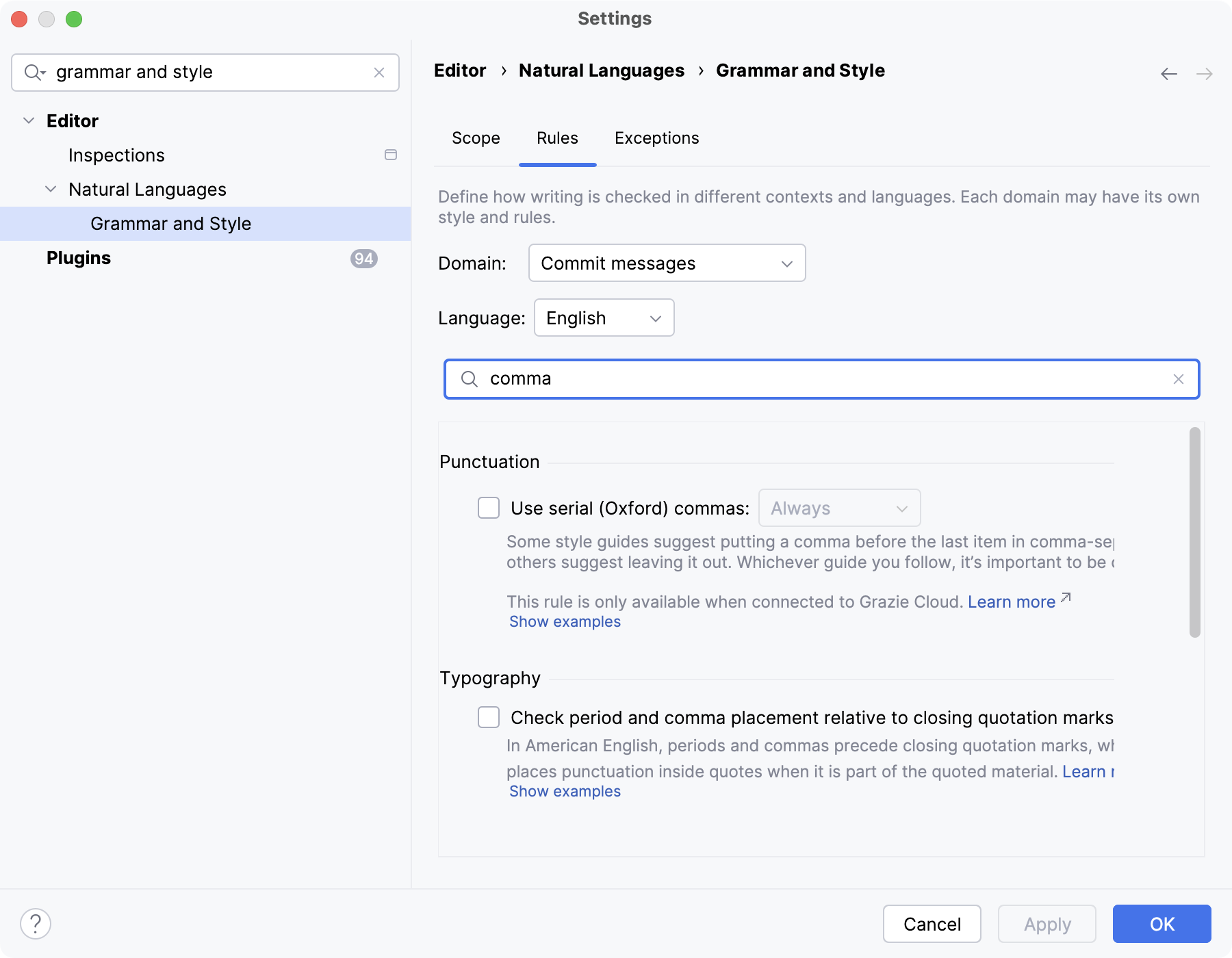 Configuring writing style per domain