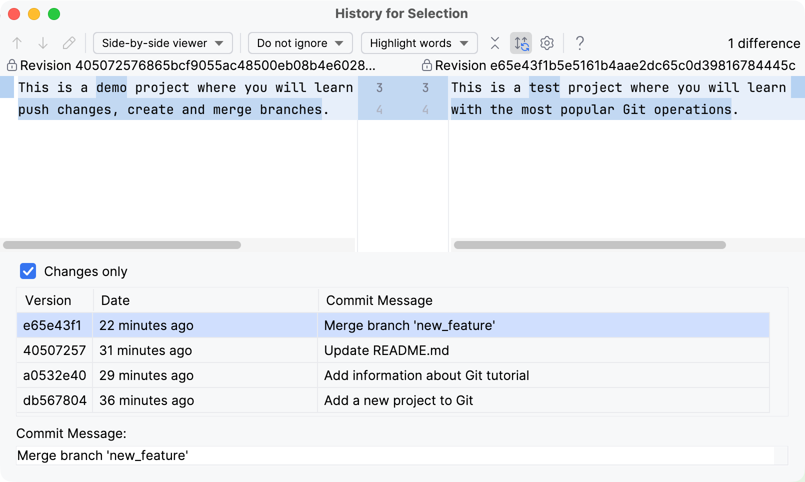 Git history for selection