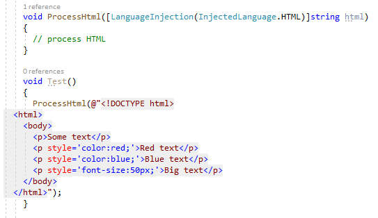 JetBrains&nbsp;Rider: Marking injected languages with [LanguageInjectionAttribute]