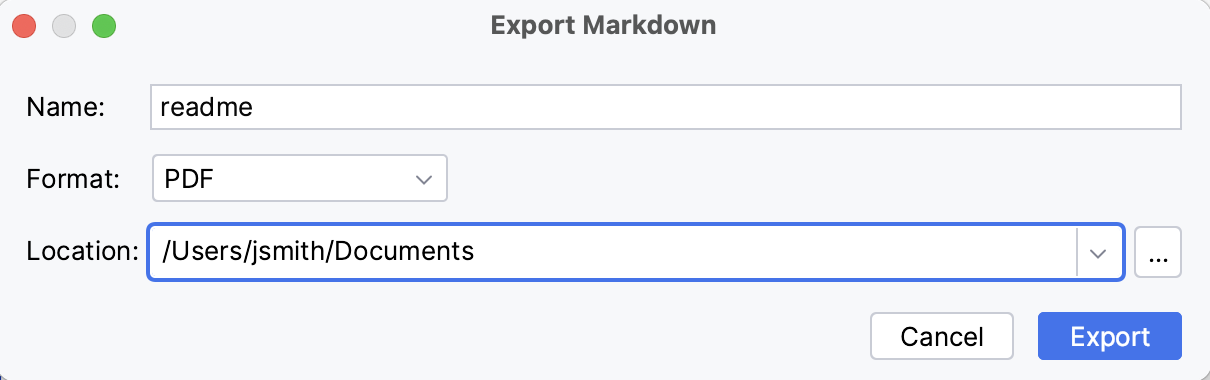 The Markdown Export dialog The Markdown Export dialog
