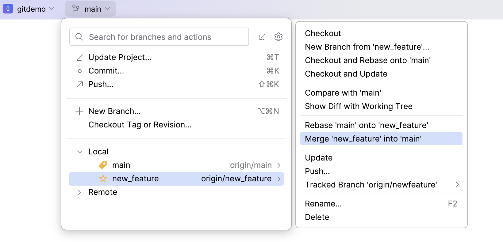 Merge option in the VCS widget menu