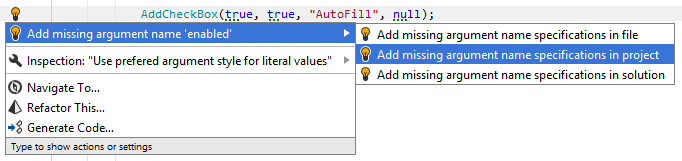 JetBrains&nbsp;Rider: A quick fix that helps you add or remove argument names