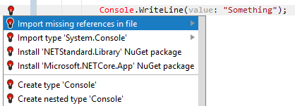 JetBrains&nbsp;Rider: quick-fixes for missing namespace import