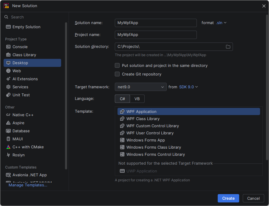 JetBrains&nbsp;Rider: New Solution dialog for WPF App