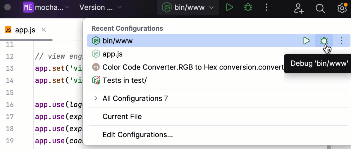 Start two run/debug configurations at once, select the main Node.js run/debug configuration Start two run/debug configurations at once, select the main Node.js run/debug configuration
