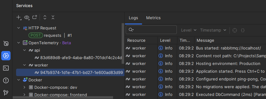 JetBrains Rider: OpenTelemetry in the Services window JetBrains Rider: OpenTelemetry in the Services window