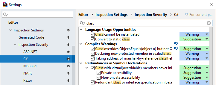 Changing inspection severity in the JetBrains&nbsp;Rider Settings dialog