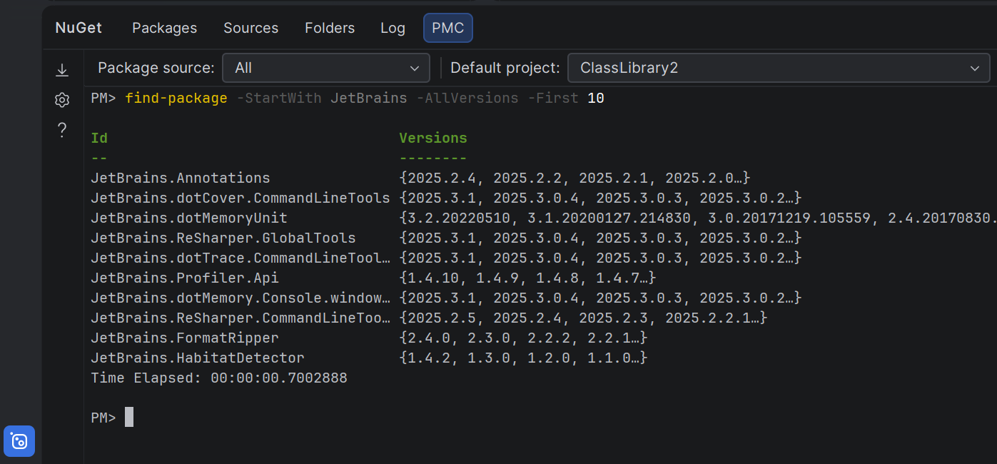 JetBrains Rider: NuGet window, Package Manager Console tab JetBrains Rider: NuGet window, Package Manager Console tab
