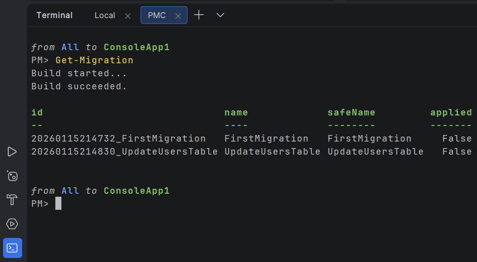 JetBrains Rider: Terminal window, Package Manager Console session JetBrains Rider: Terminal window, Package Manager Console session