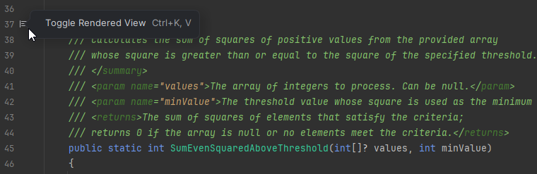 JetBrains&nbsp;Rider: Toggle rendered view for documentation comments
