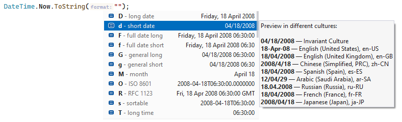 JetBrains&nbsp;Rider。 格式说明符的文化预览