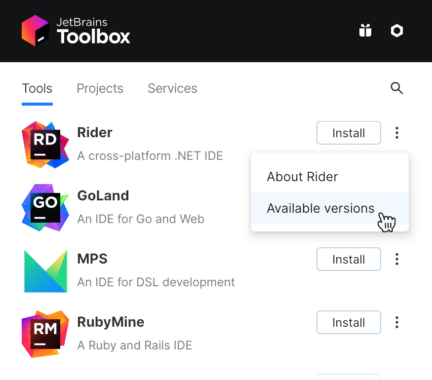 JetBrains Rider in the Toolbox App JetBrains Rider in the Toolbox App
