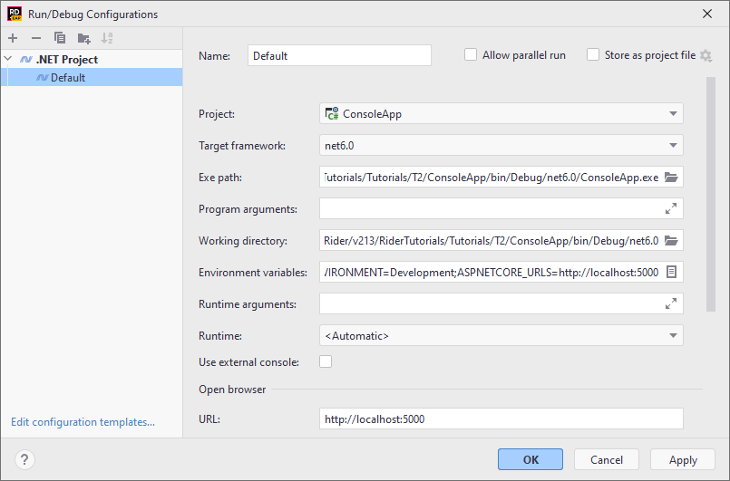 JetBrains&nbsp;Rider: Run/debug configurations: .NET Project