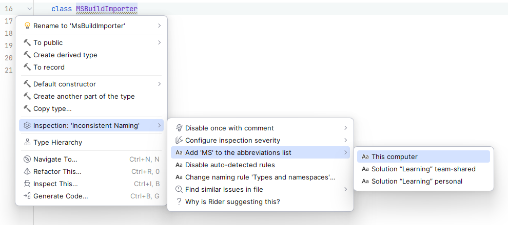 JetBrains&nbsp;Rider: Saving an ignored abbreviation to a settings layer