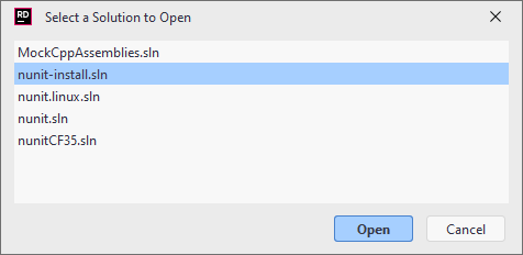 JetBrains&nbsp;Rider：选择文件夹中的一个解决方案