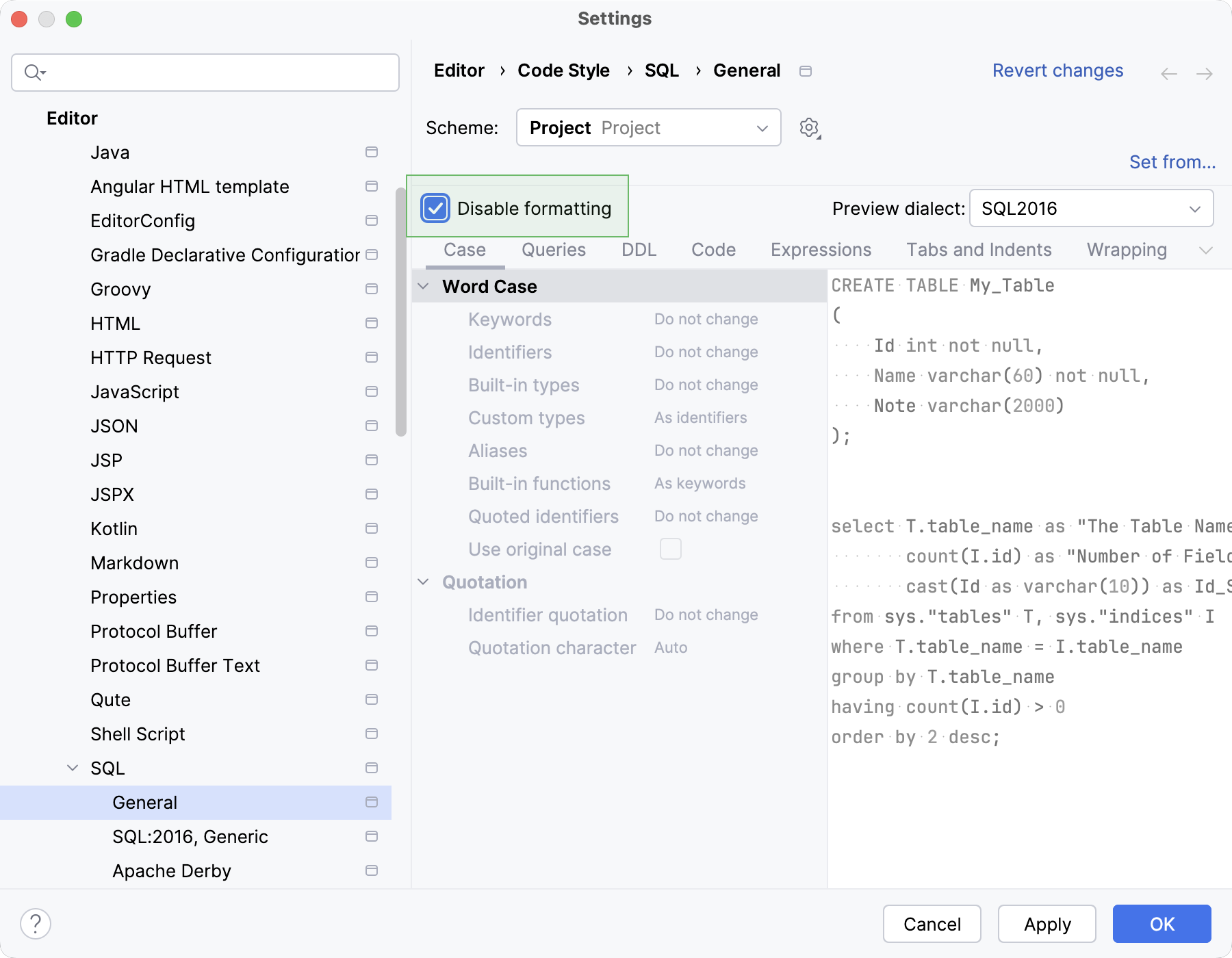 Disable SQL formatting in the editor Disable SQL formatting in the editor