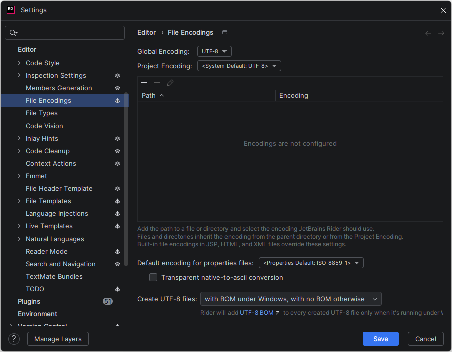 The Editor | File Encodings settings