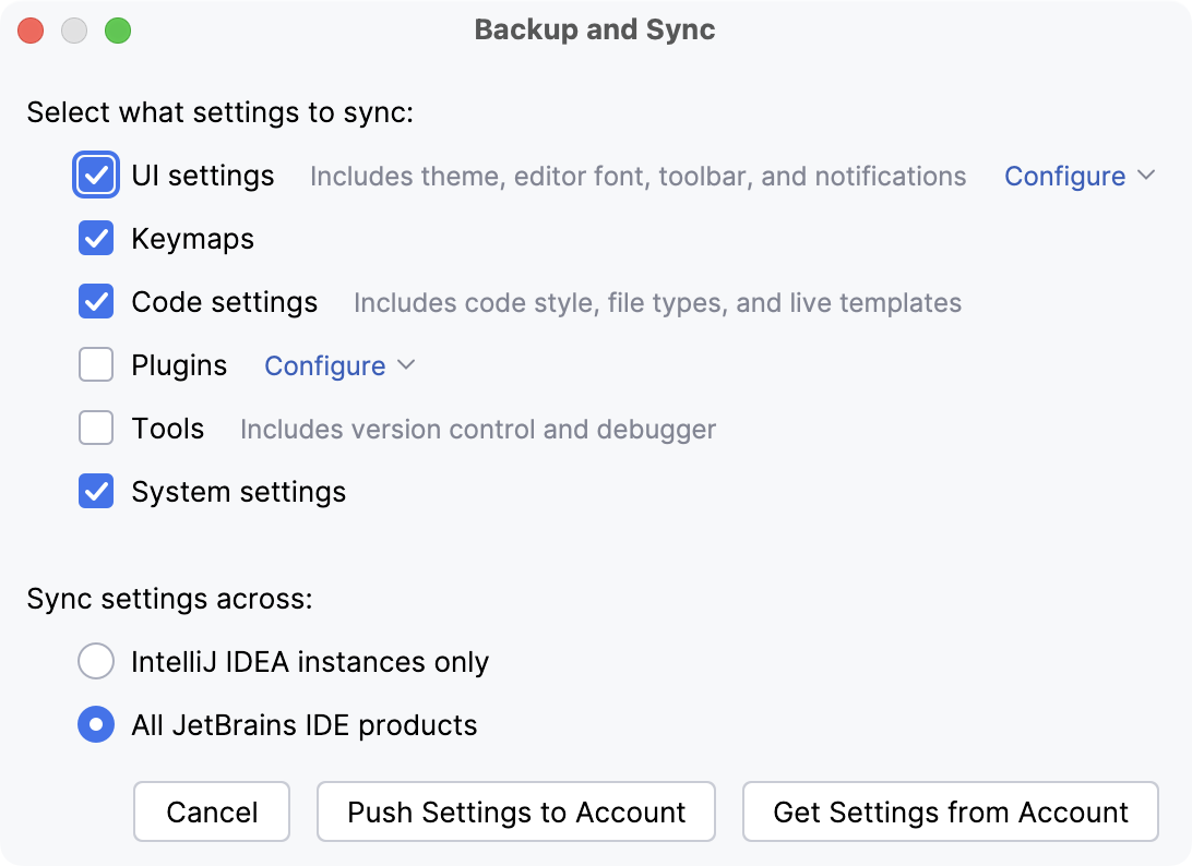 The Settings Sync window The Settings Sync window