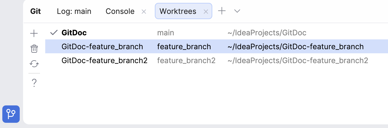 Git 工具窗口中的 Worktrees 选项卡,包含多个工作树 Git 工具窗口中的 Worktrees 选项卡,包含多个工作树