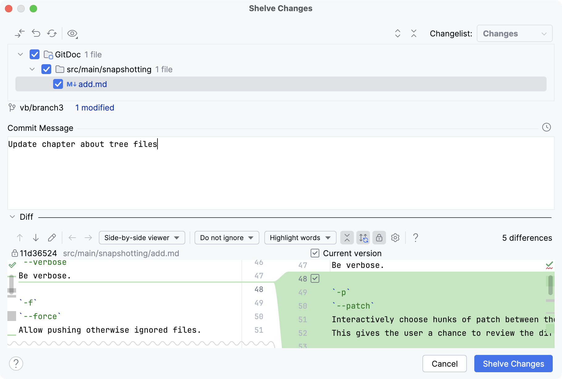 Shelve dialog Shelve dialog